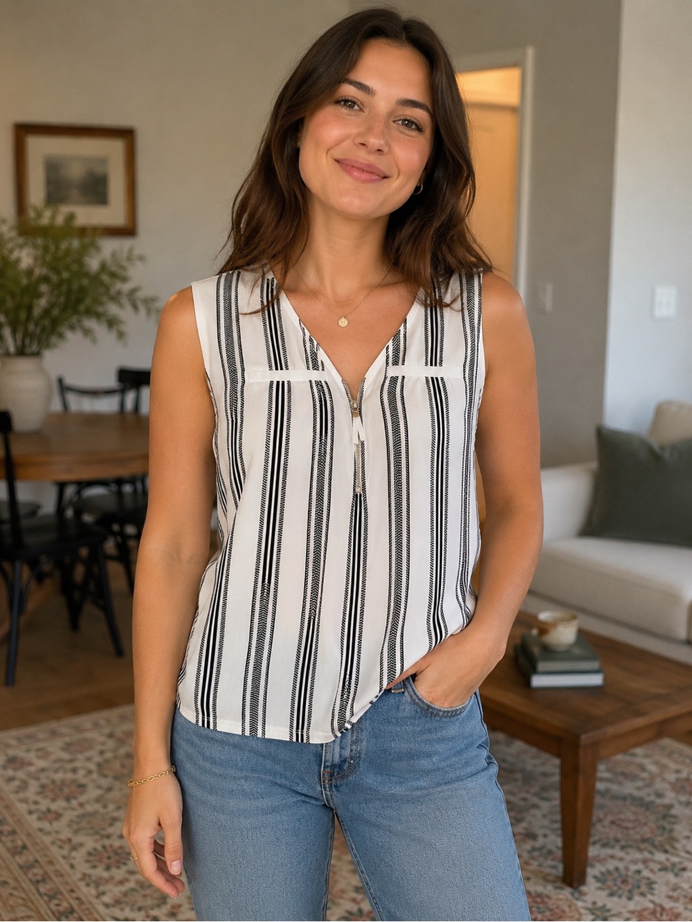 Candie's Black & White Striped V-Neck Sleeveless Top